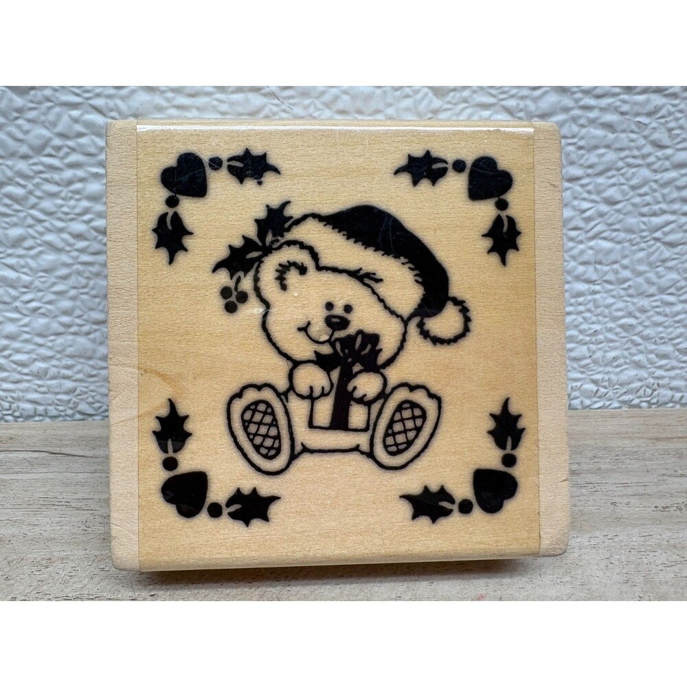 Vtg Wood Mounted Rubber Stamp Teddy Bear With Santa Hat